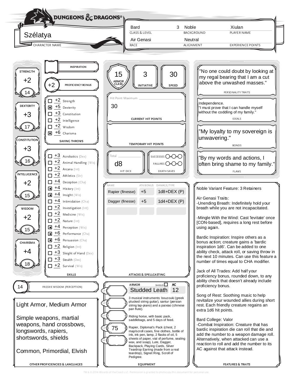 Document preview 5th - Air Genasi Bard.pdf - page 1/5