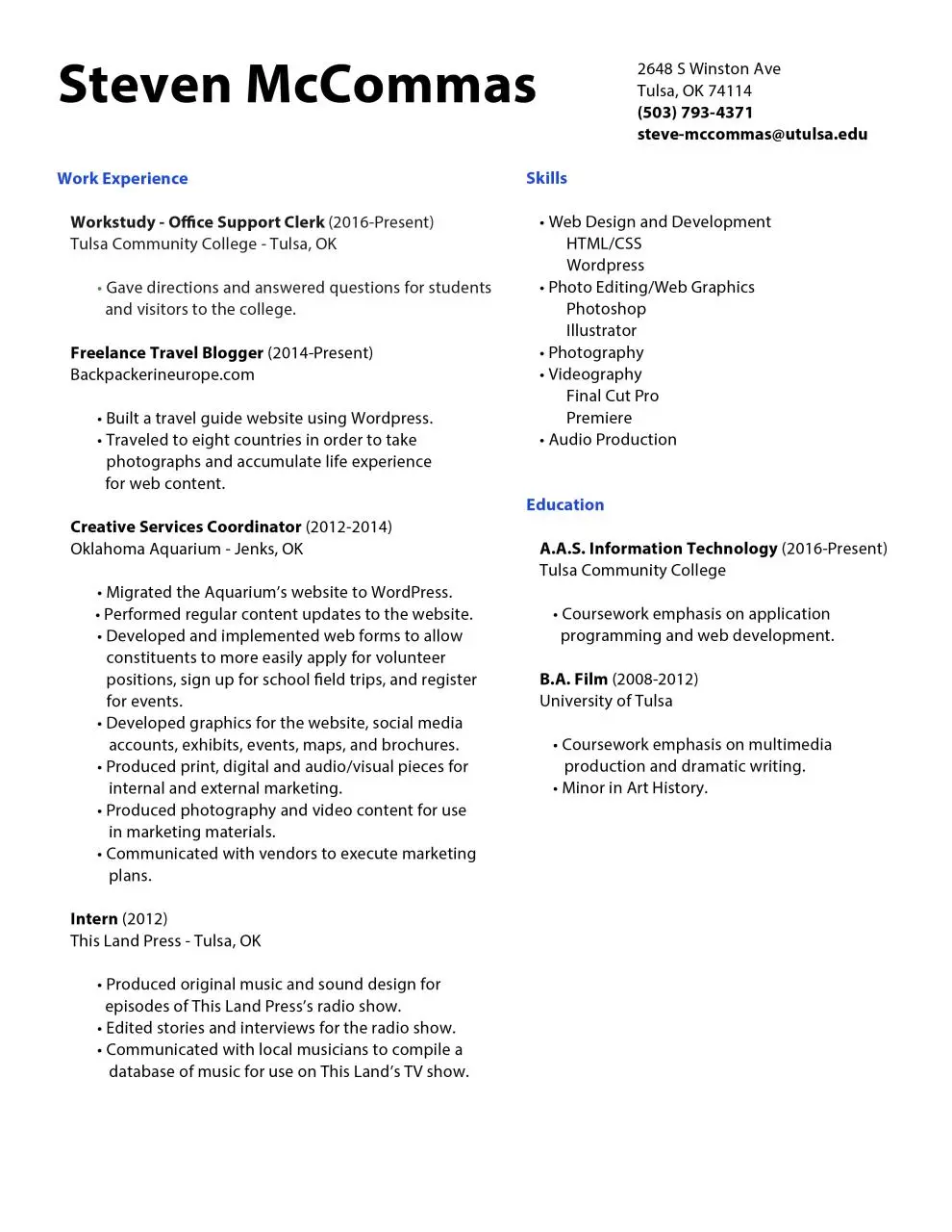 Page 1 of 1, Steven McCommas Resume August 2016