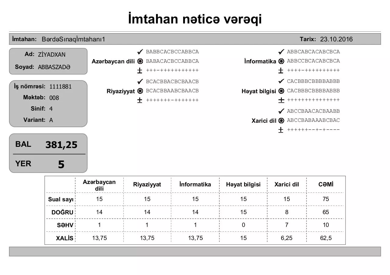 Page 5 of 153, Ä°mtahan nÉ™ticÉ™ vÉ™rÉ™qi (4 cü siniflÉ™r)