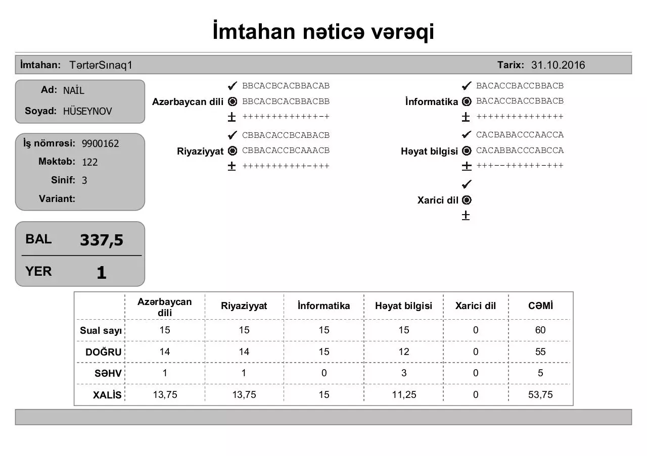 Page 1 of 42, Ä°mtahan nÉ™ticÉ™ vÉ™rÉ™qi (3 cü siniflÉ™r)