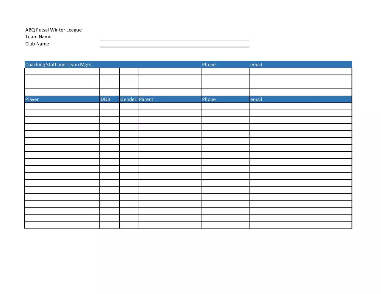 Page 1 of 2, ABQ Futsal Roster Worksheet