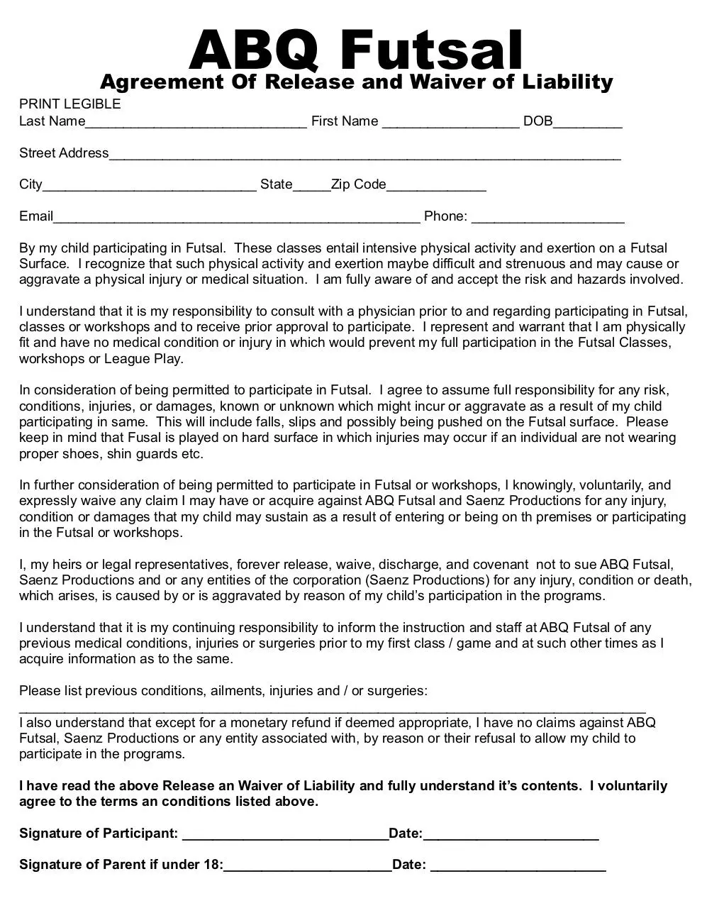 Page 1 of 1, ABQ Futsal Waiver form