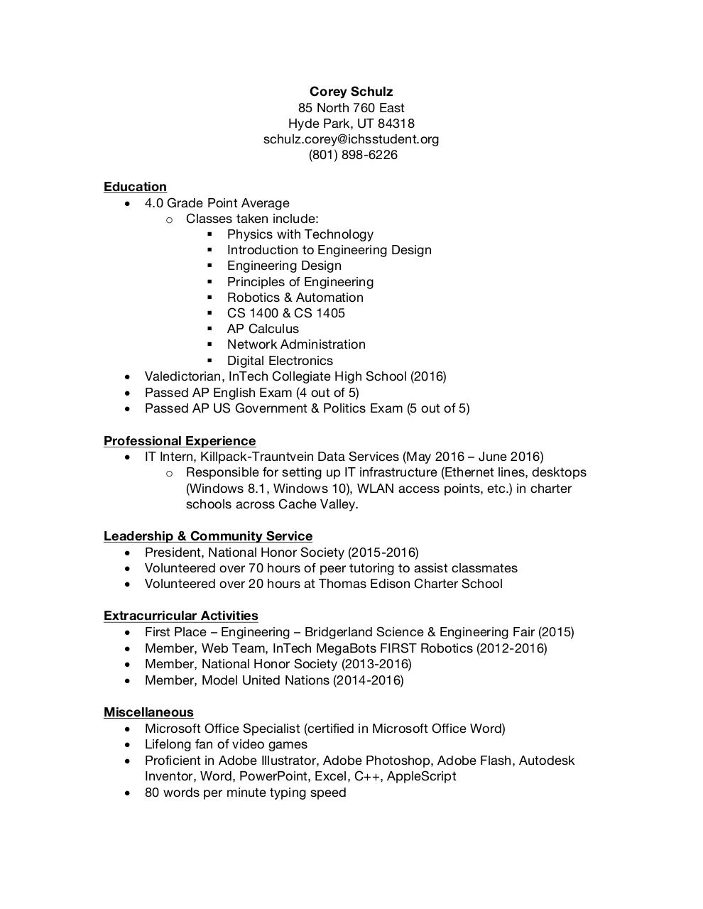 Document preview Resume - Corey Schulz.pdf - page 1/1