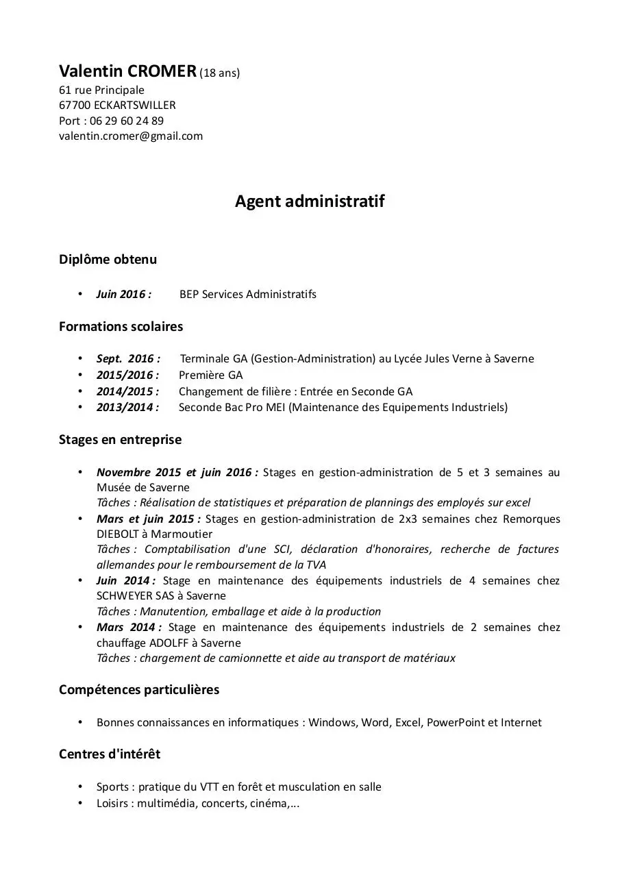 Document preview - CV Valentin Agent administratif.pdf - Page 1/1