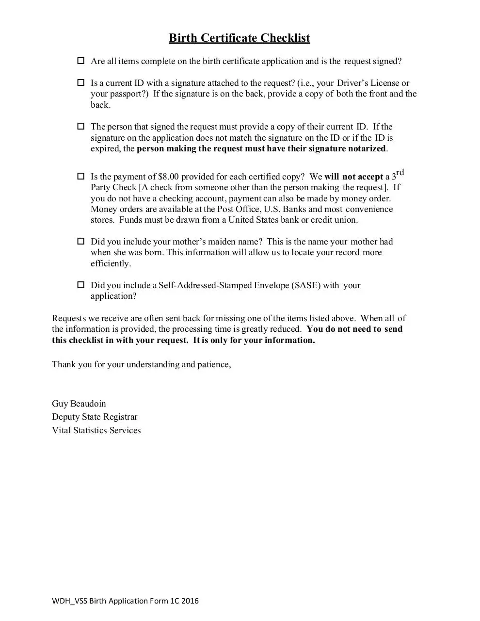 Page 2 of 2, Birth Application Form 1c 2016