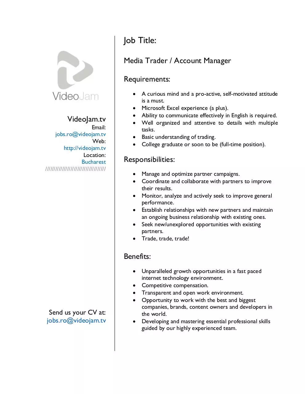 Page 1 of 1, VideoJam Ro Job Offer Media Trader AM