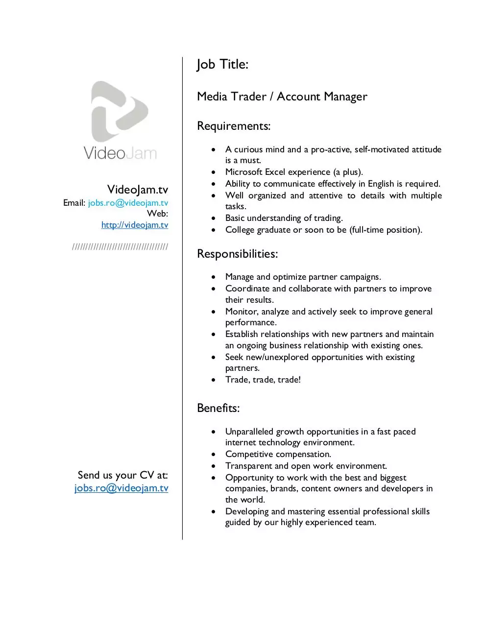 Page 1 of 1, VideoJam RO Job Offer Media Trader