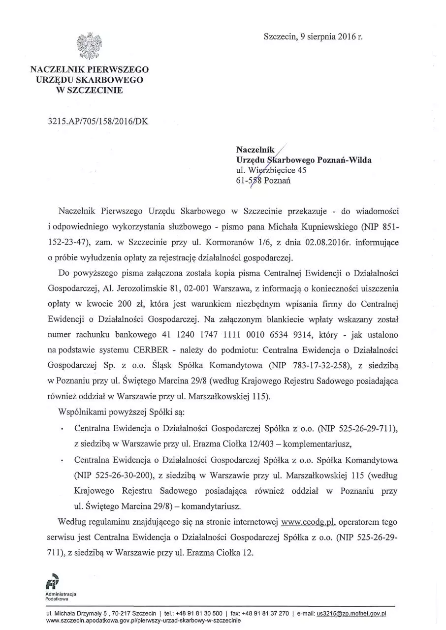 Page 1 of 5, Pismo Naczelnika Pierwszego Urzędu Skarbowego w Szczecinie