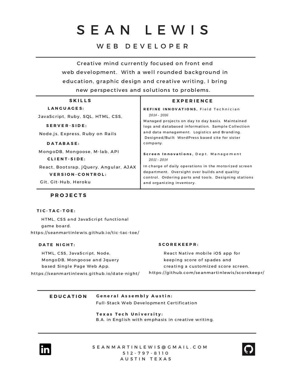 Document preview Sean Lewis - Resume (1).pdf - page 1/1