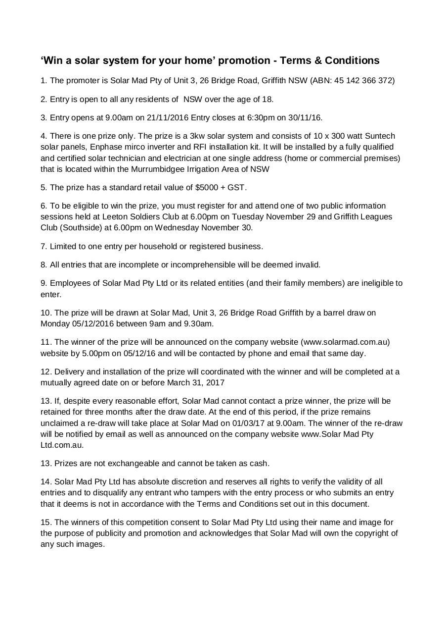 Document preview Solar Mad Pty Ltd promotion - terms & conditions.pdf - page 1/2