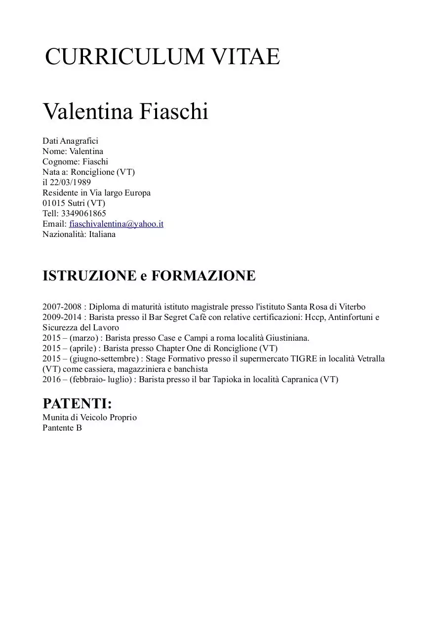 Document preview - valentina-fiaschi-curriculum.pdf - Page 1/1