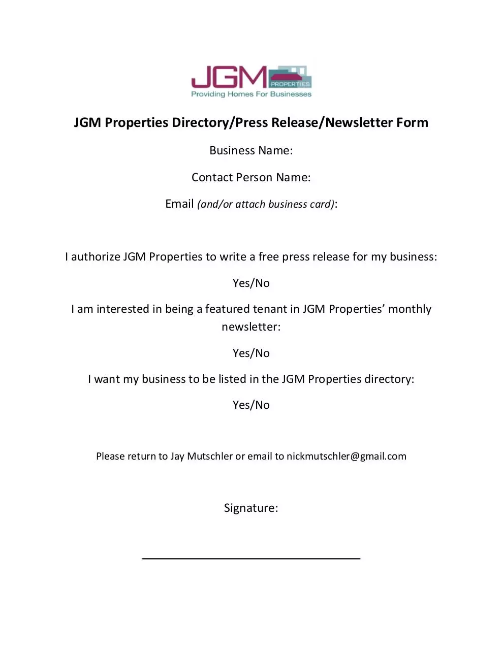 Document preview - JGM Tenant Form For Press Release-Newsletter-Directory.pdf - Page 1/1