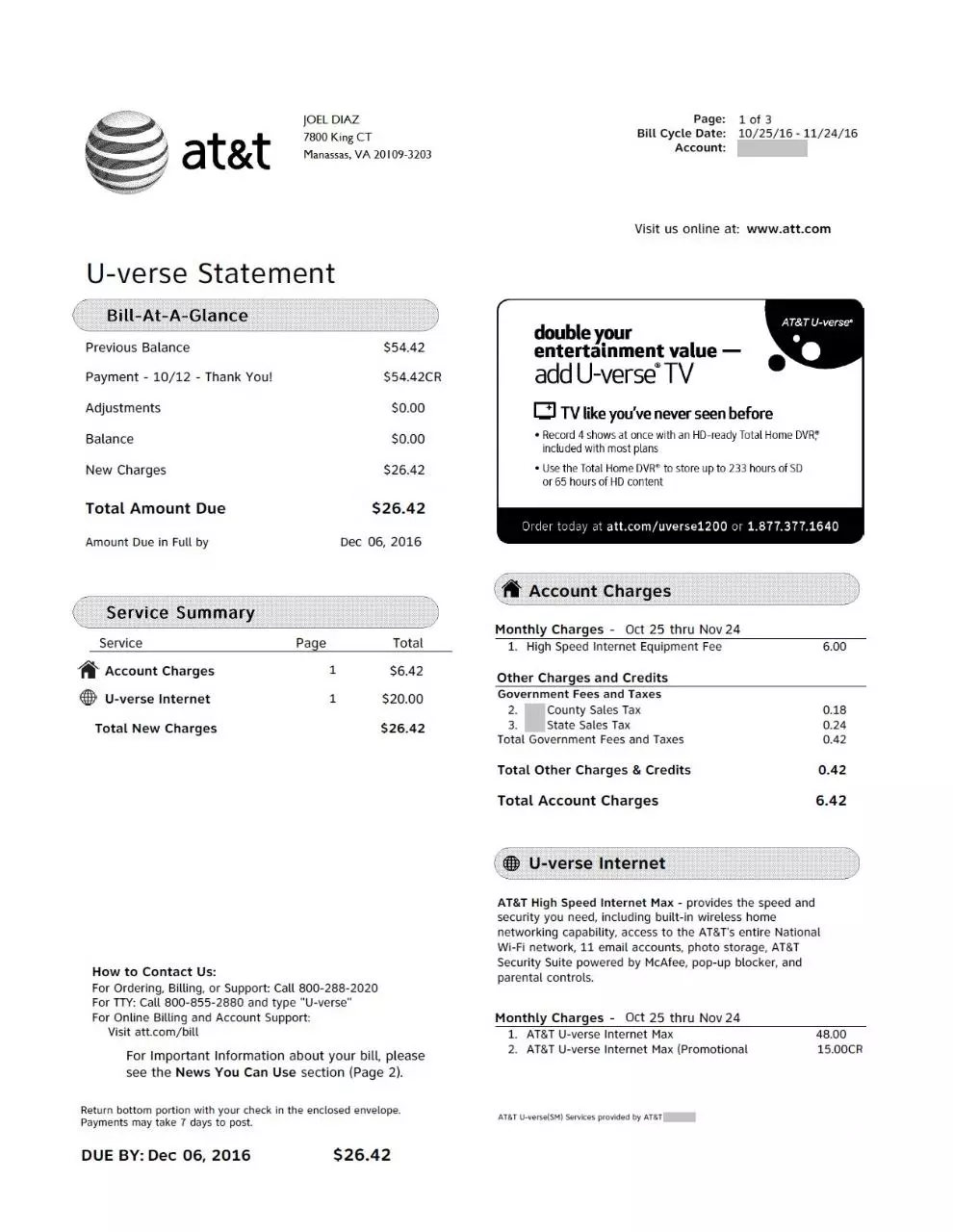 Page 1 of 1, attbill