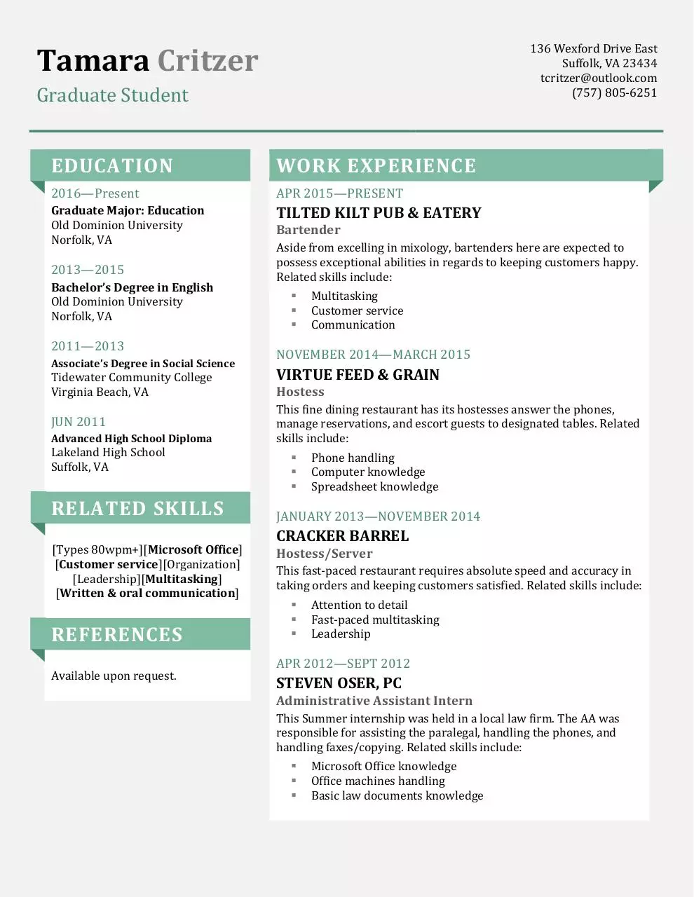 Page 1 of 1, CRITZER RESUME