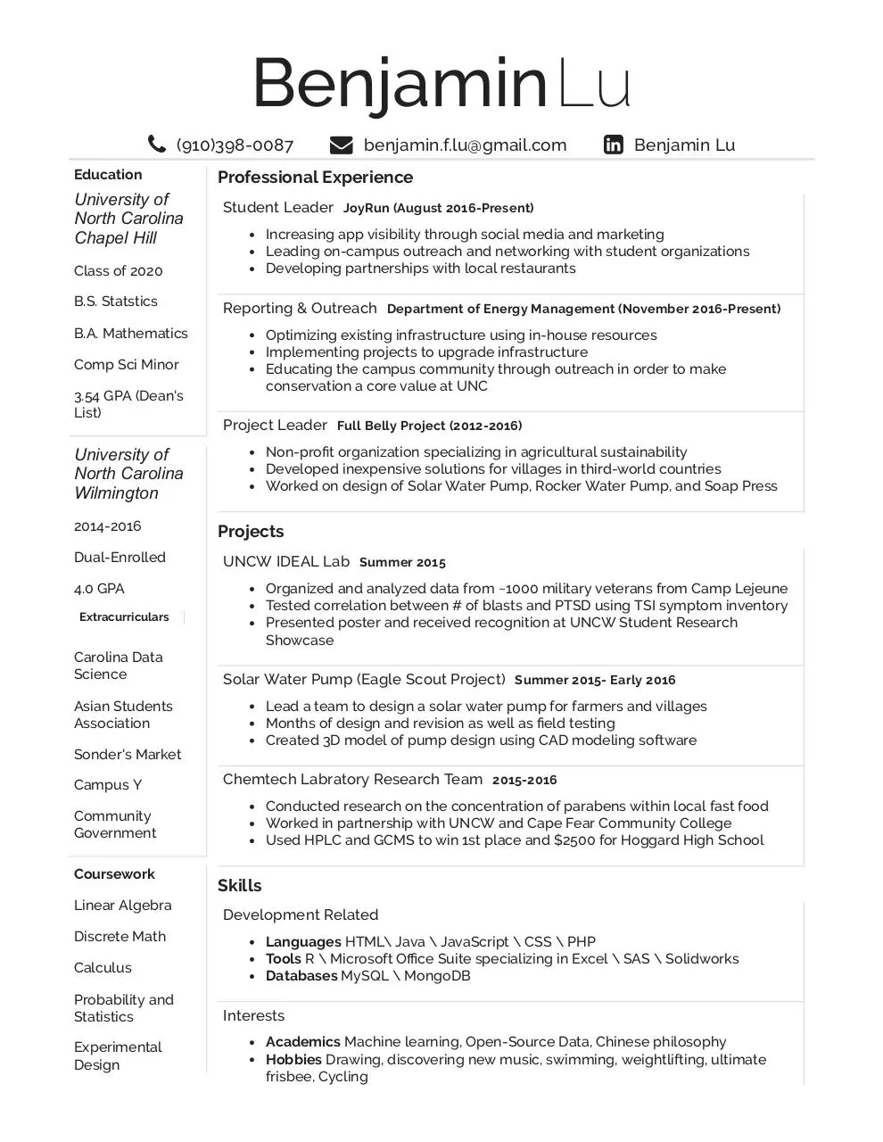 Page 1 of 1, Resume Spring 2016