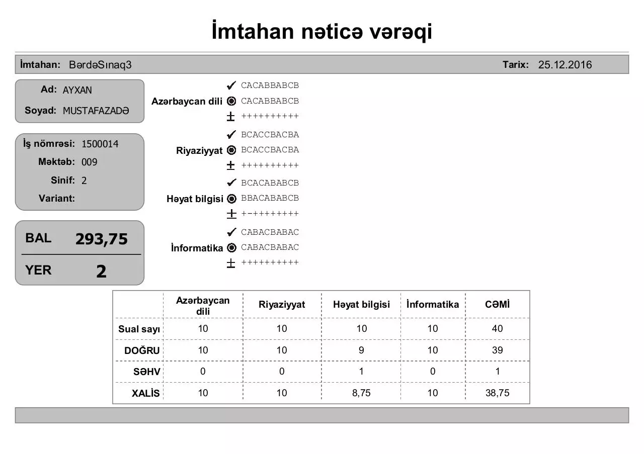Page 4 of 335, İmtahan nəticə vərəqi (2 ci sinif)