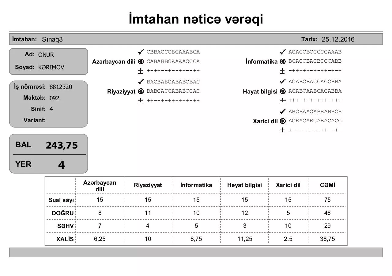 Page 4 of 10, Ä°mtahan nÉ™ticÉ™ vÉ™rÉ™qi (4 cü siniflÉ™r)