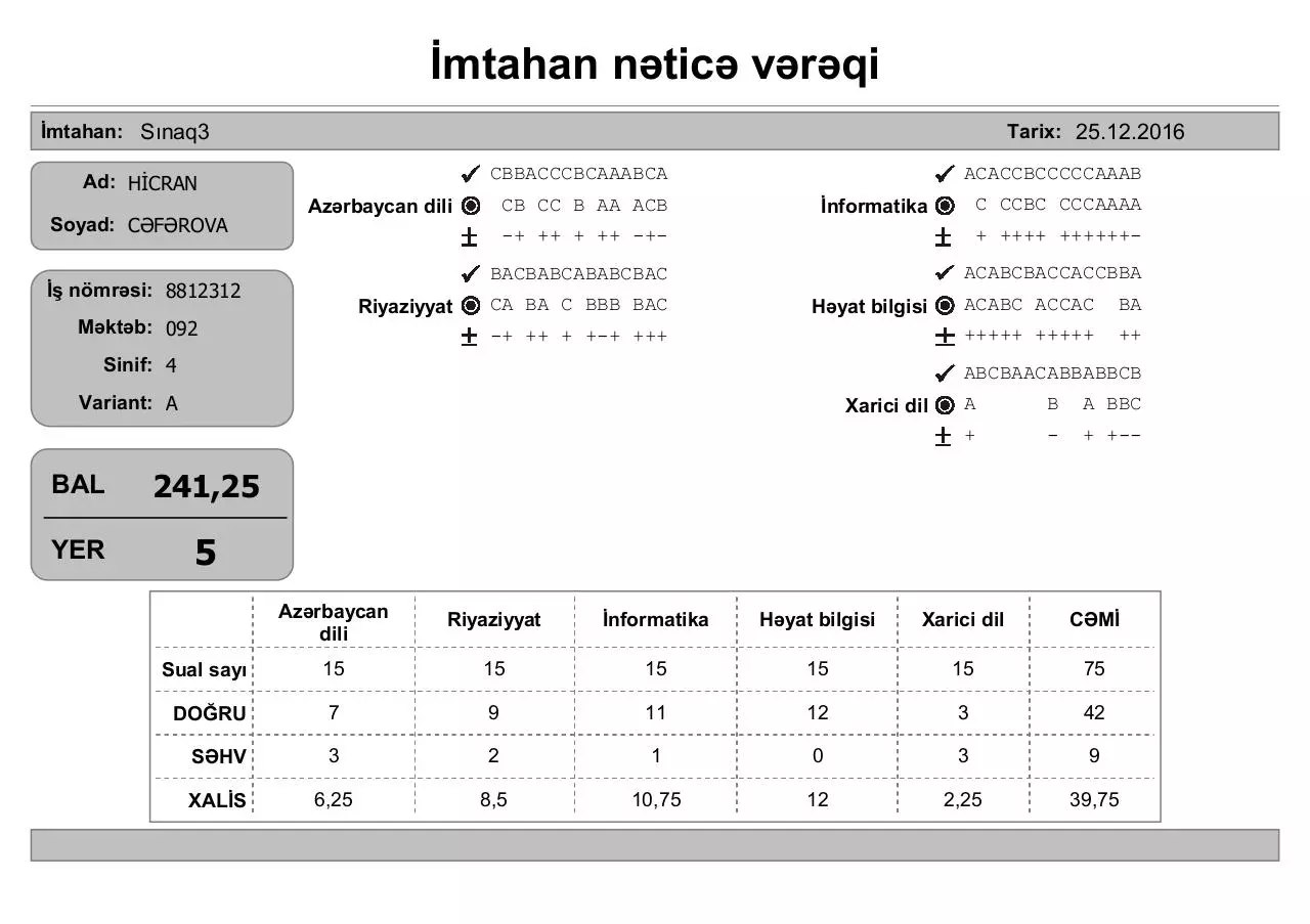 Page 5 of 10, Ä°mtahan nÉ™ticÉ™ vÉ™rÉ™qi (4 cü siniflÉ™r)