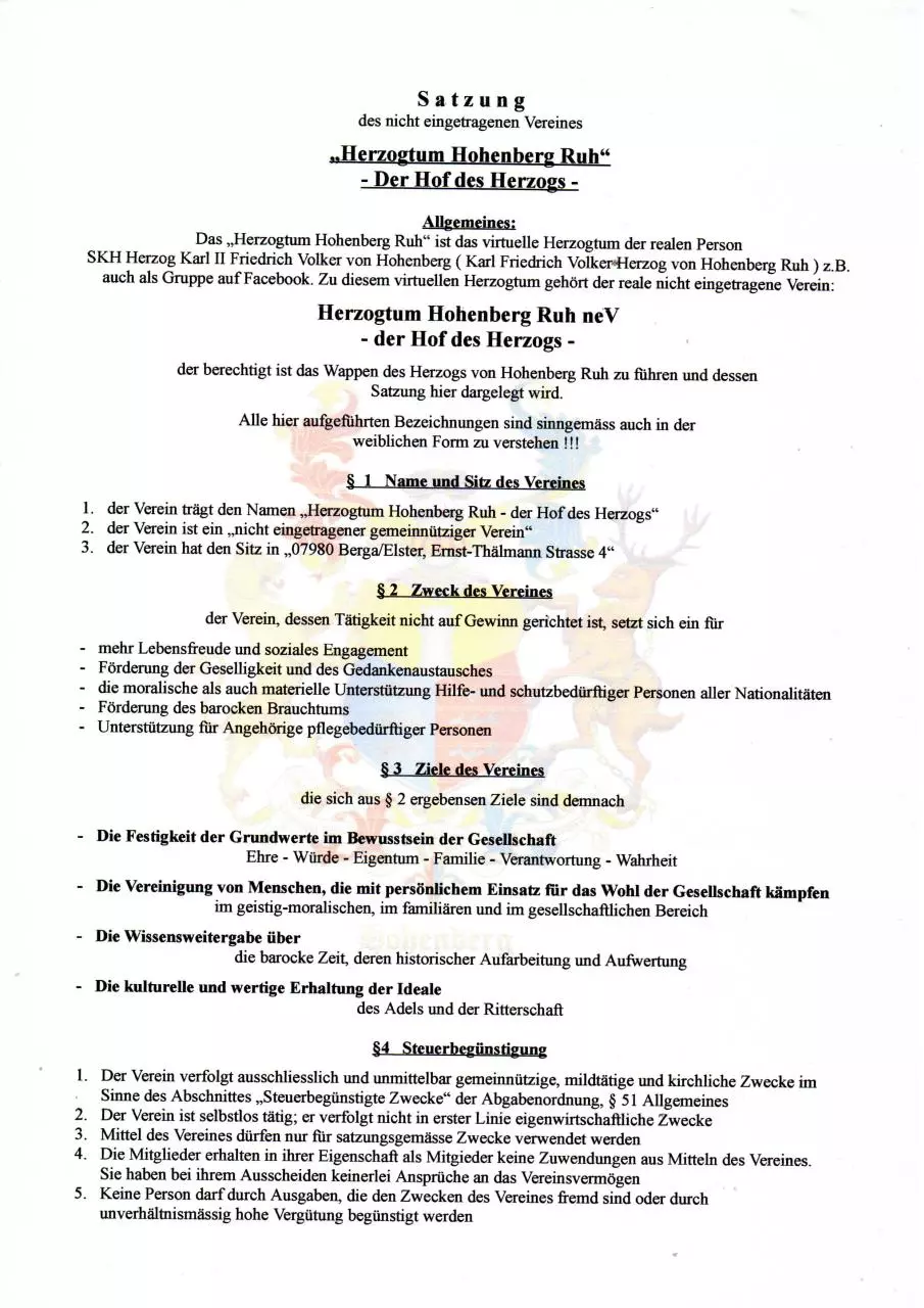 Page 1 of 5, Satzung Seite 1 5 Herzogtum Hohenberg Ruh(1)