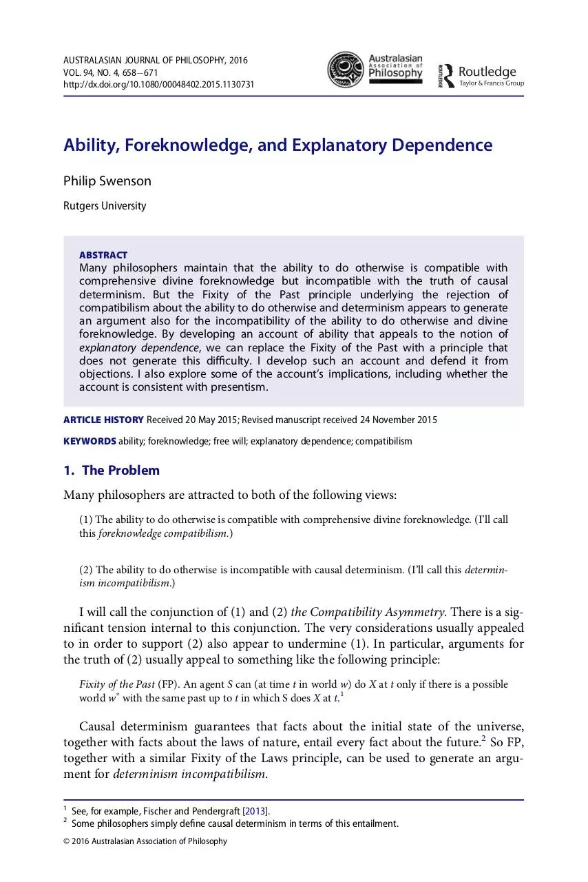 Page 1 of 14, swenson Ability Foreknowledge and Explanatory Dependence