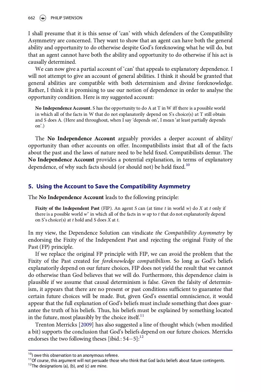Page 5 of 14, swenson Ability Foreknowledge and Explanatory Dependence