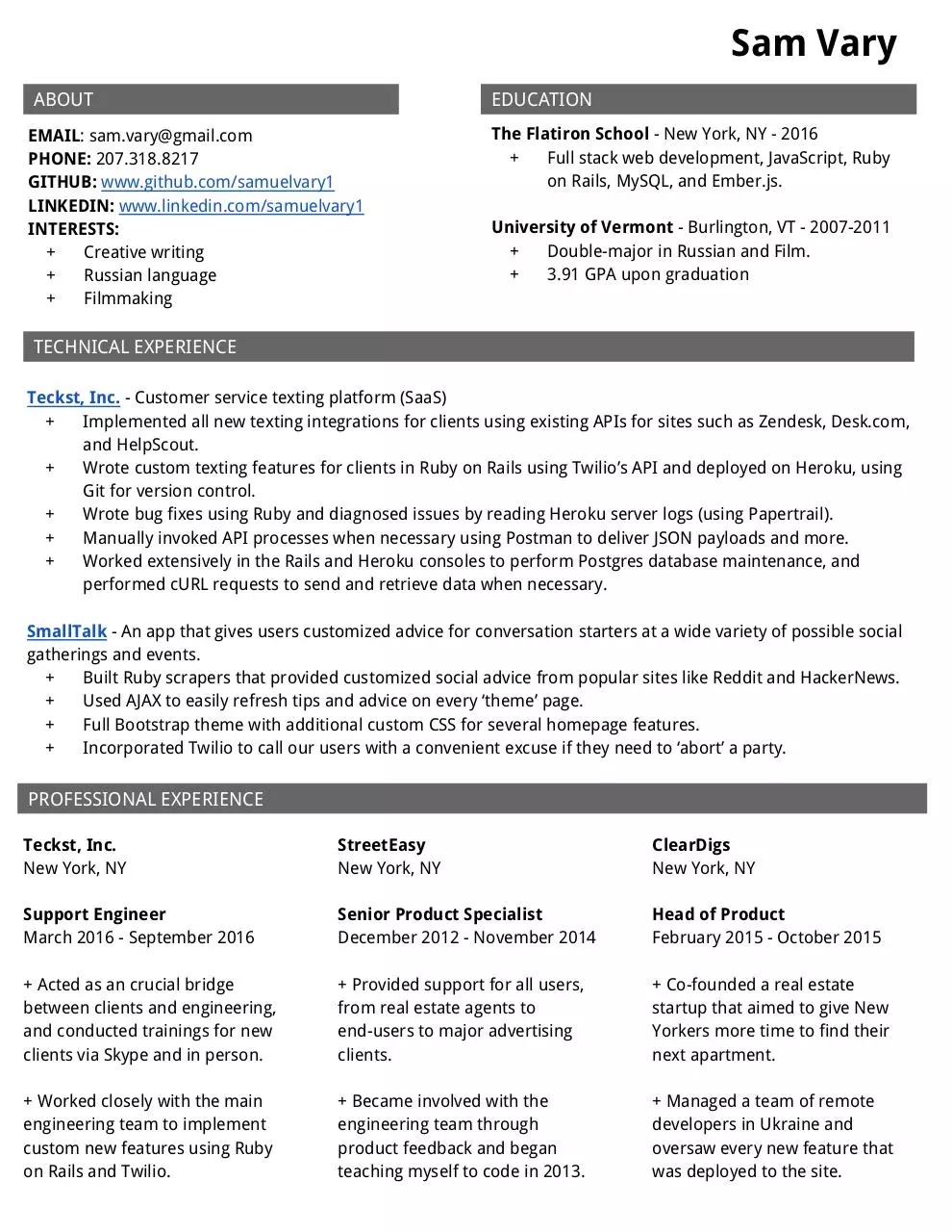 Document preview - Sam Vary current resume.pdf - Page 1/1