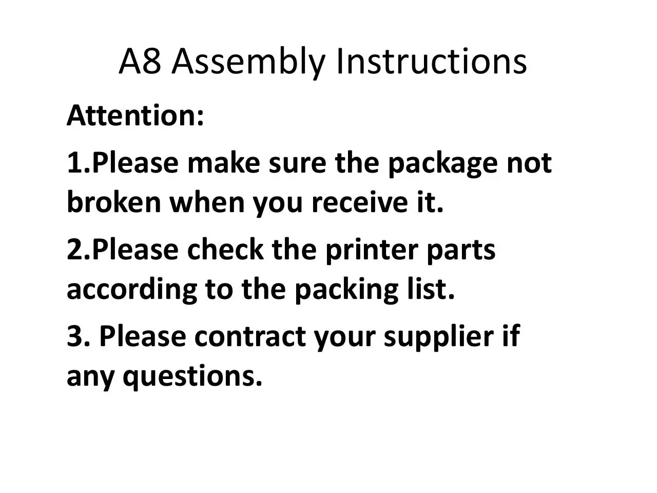 Page 2 of 46, A8 3D Printer Installation Instructions 2016 6 30