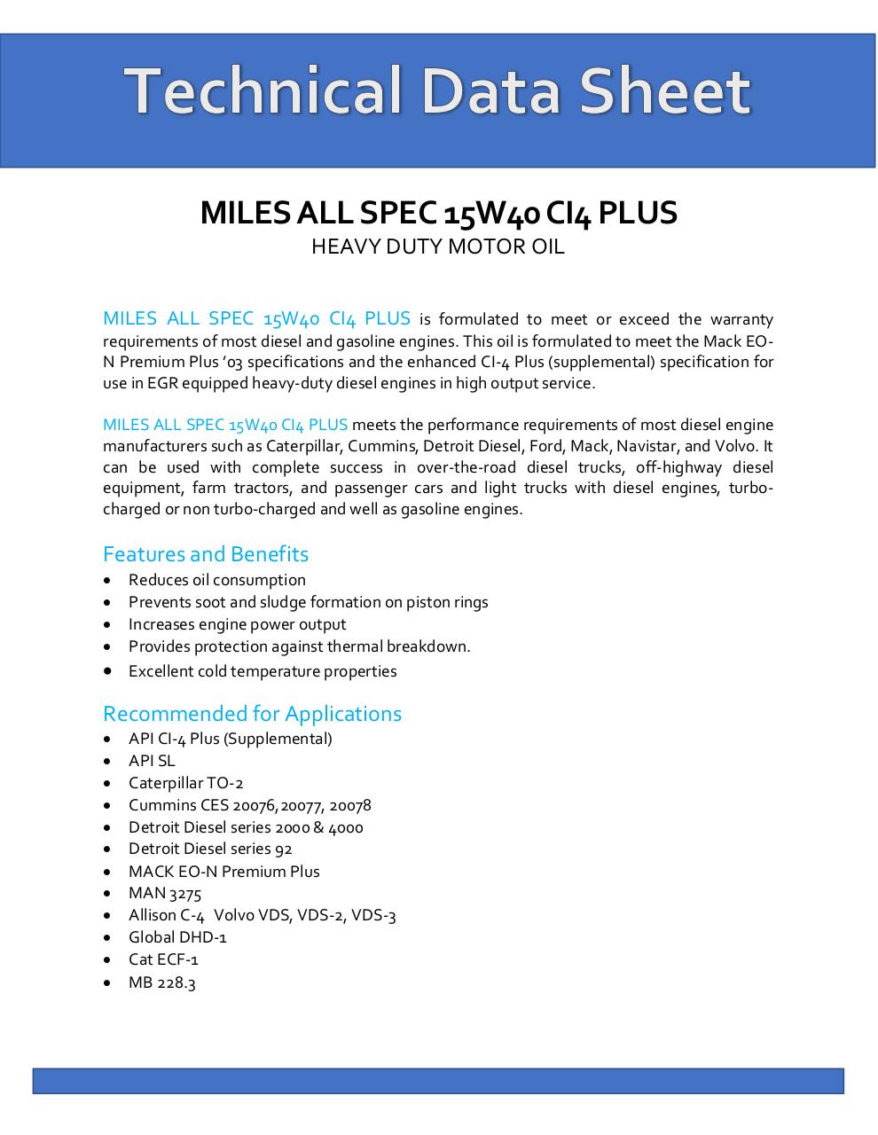 Document preview TDS MILES ALL SPEC 15W40 CI4 PLUS.pdf - page 1/2