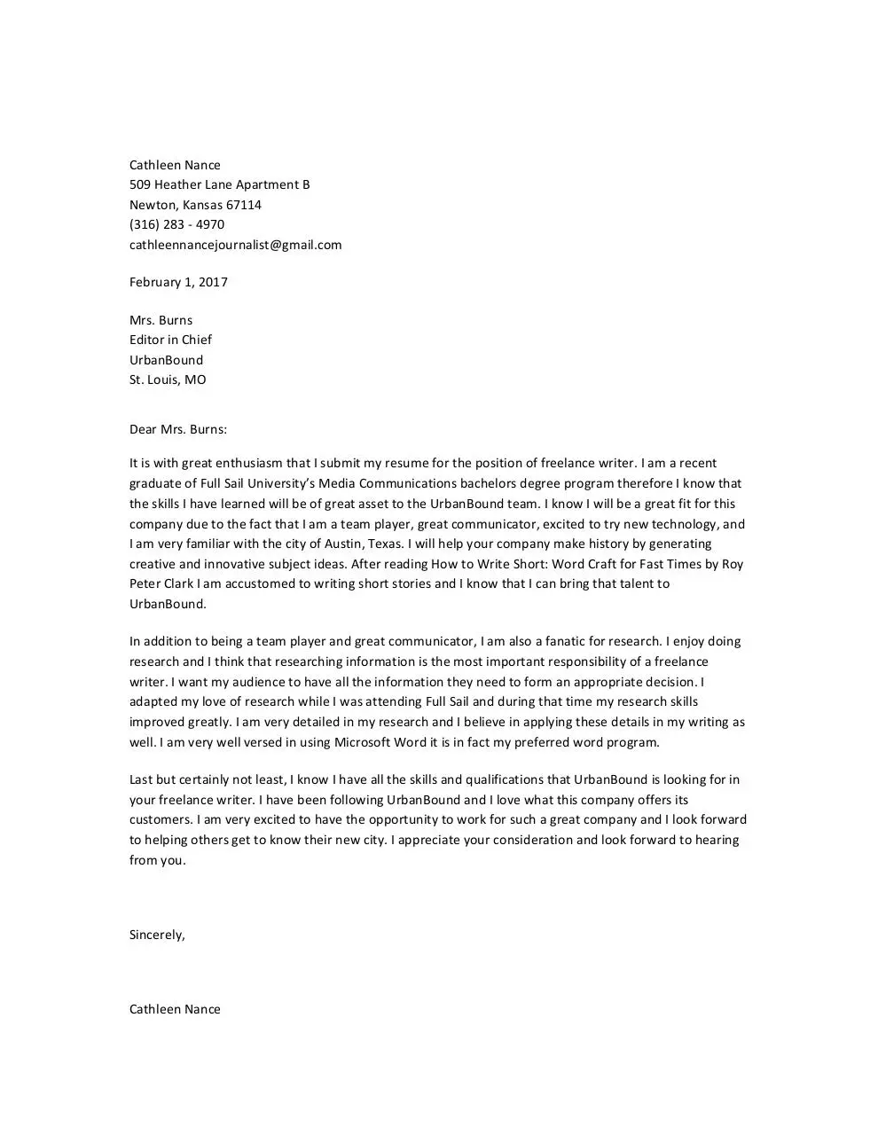 Page 1 of 1, Cover letter