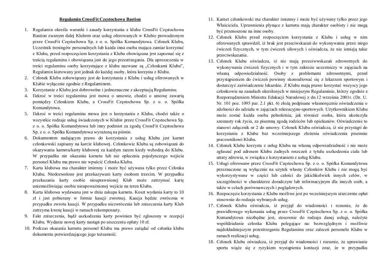 Page 1 of 4, Regulamin CrossFit Czestochowa