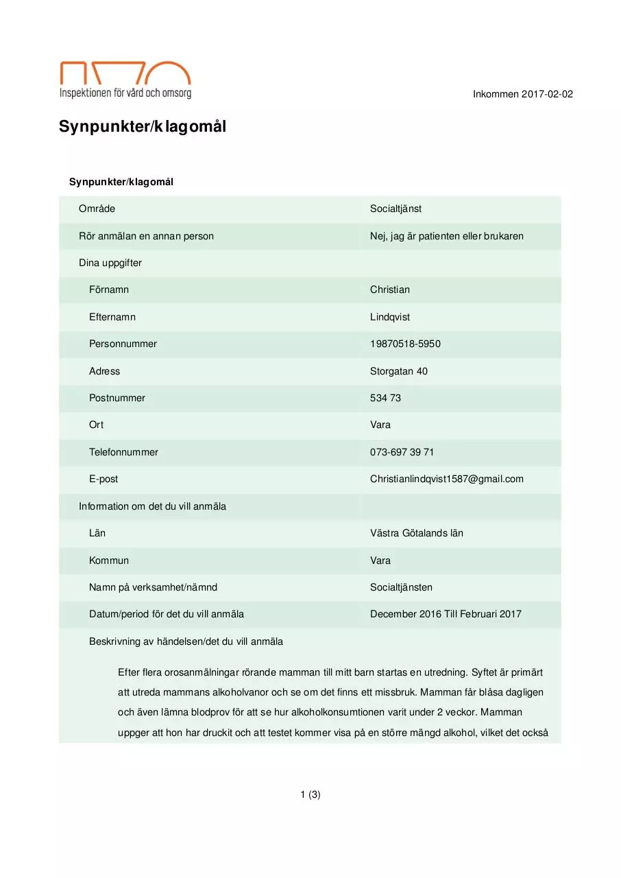 Page 1 of 3, Synpunkter klagomål Pdf 2017 02 02 11 10