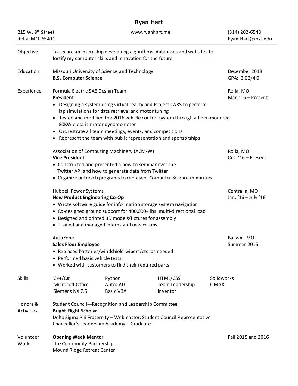 Page 1 of 1, Ryan Hart Resume