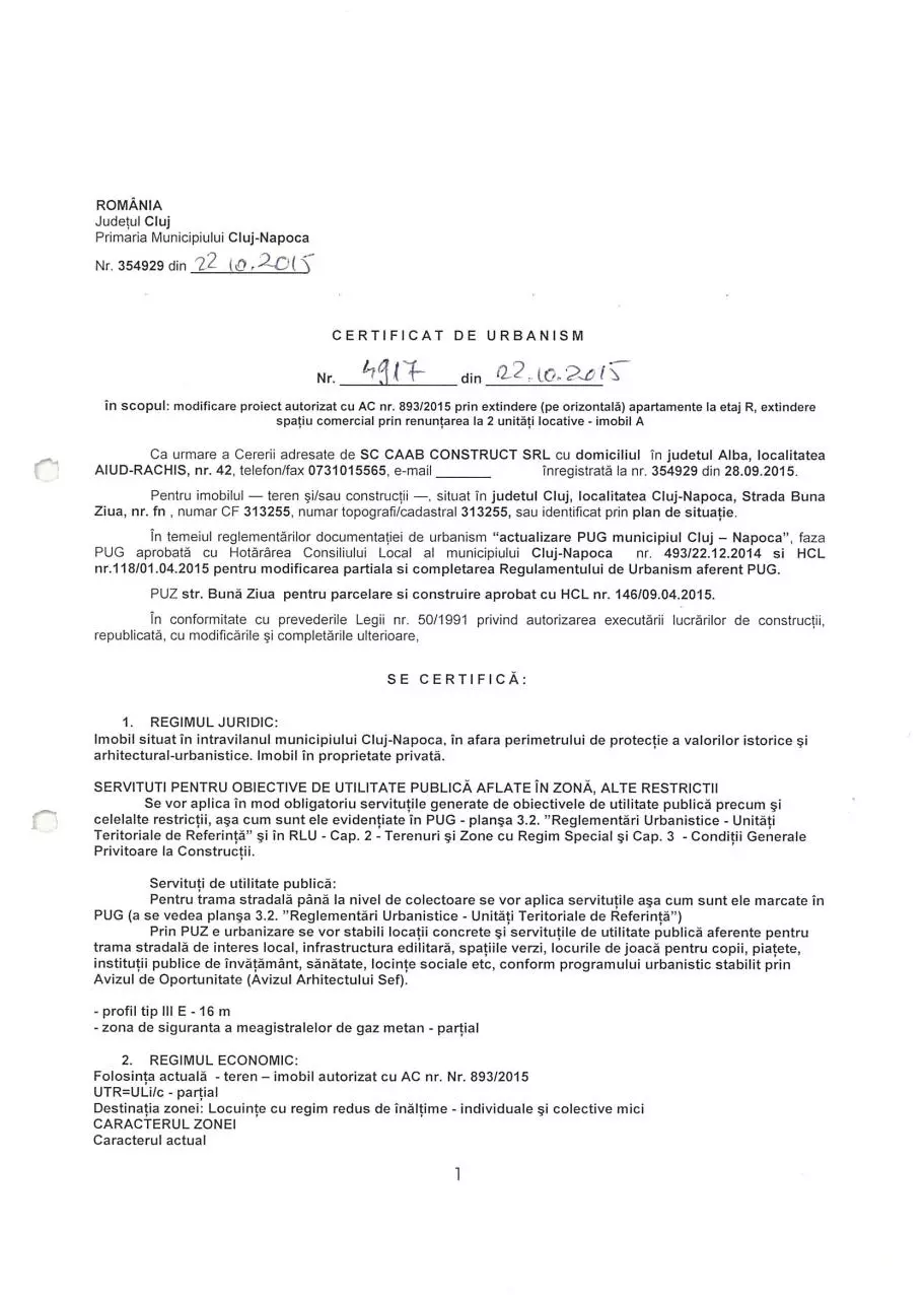 Page 1 of 16, Certificat de Urbanism nr. 4917 22.10.2015