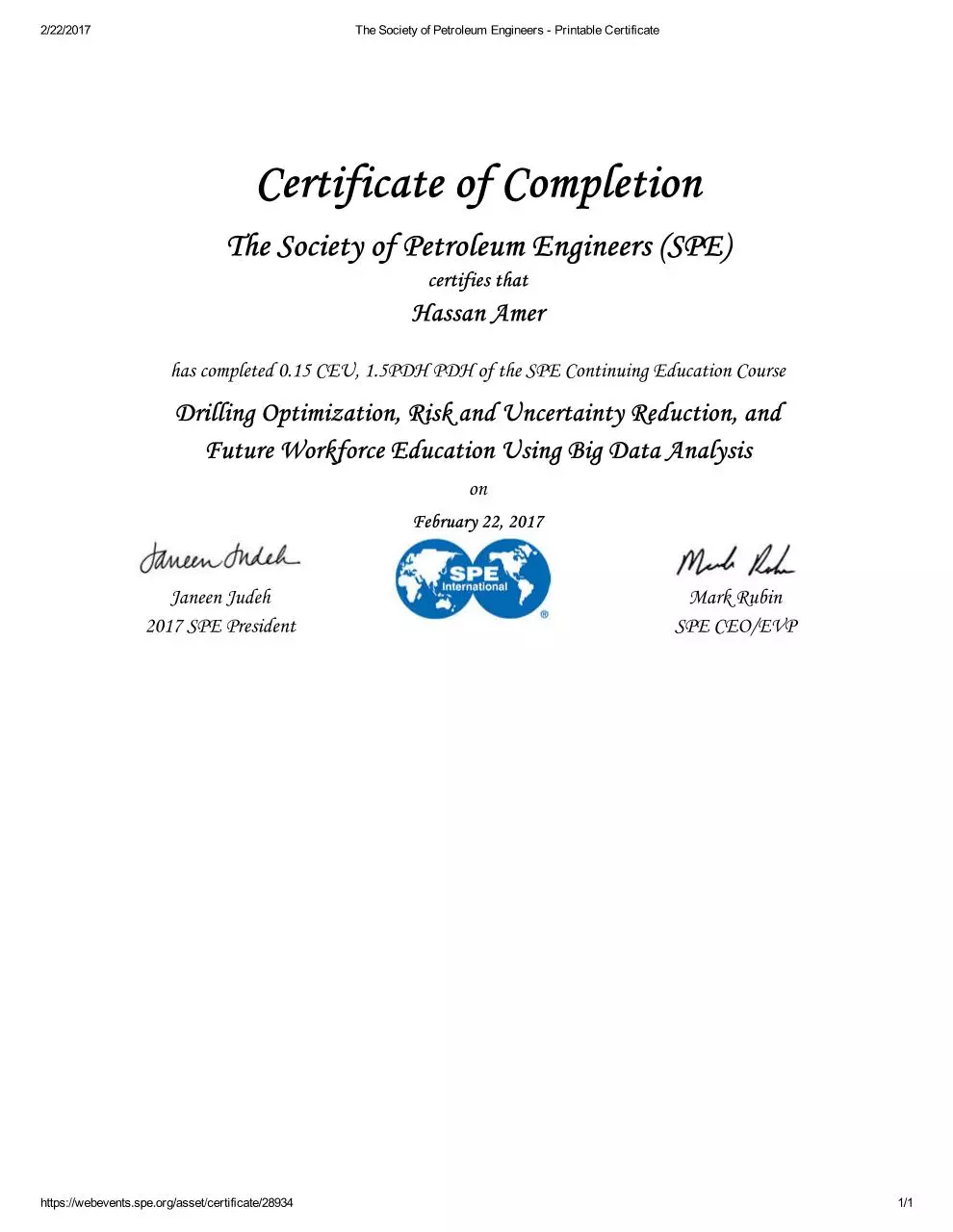 Page 1 of 1, The Society of Petroleum Engineers Printable Certificate