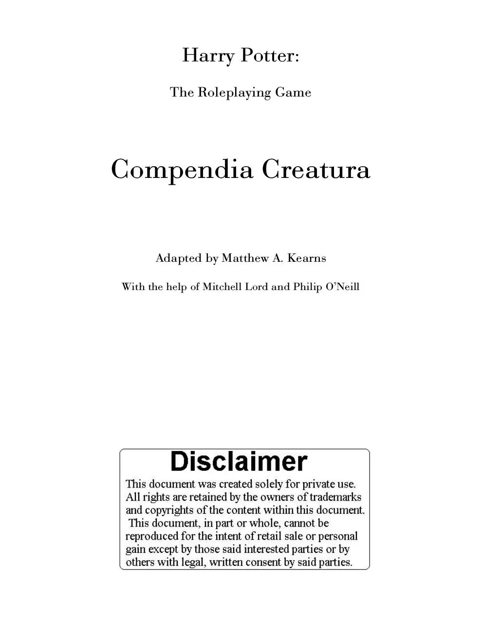 Page 1 of 114, Harry Potter RPG Compendia Creatura