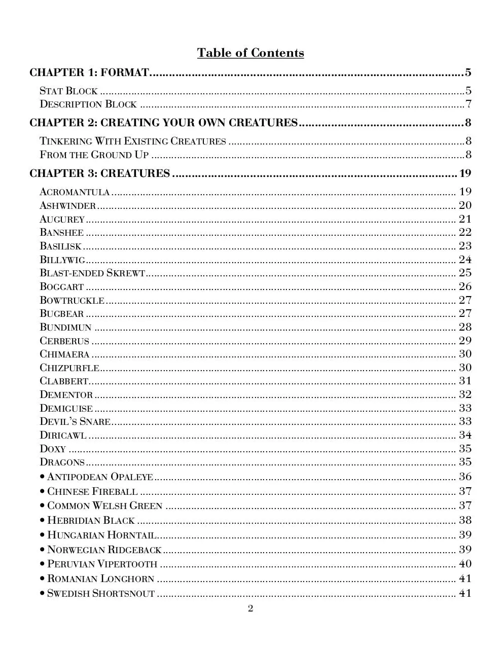 Page 2 of 114, Harry Potter RPG Compendia Creatura