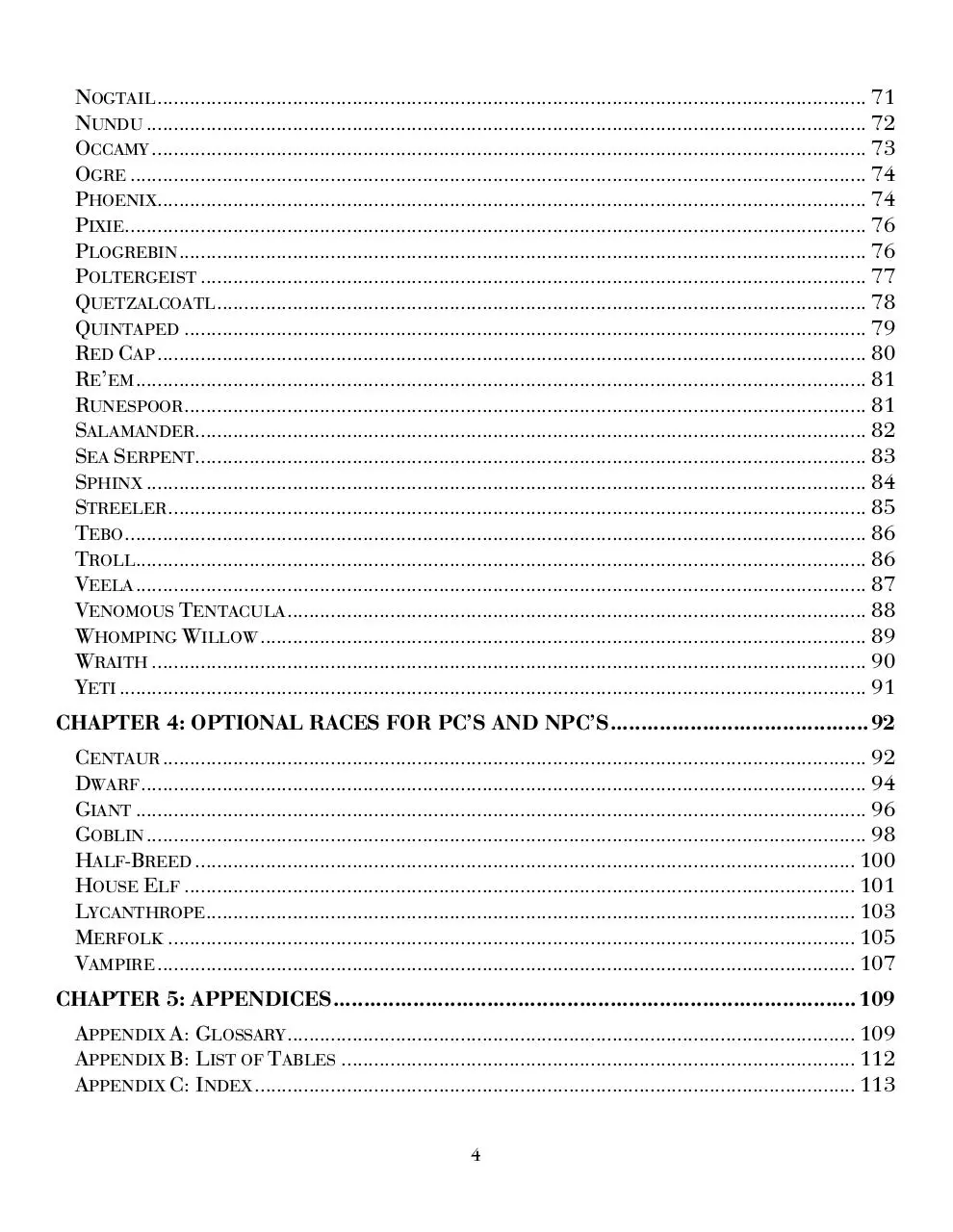 Page 4 of 114, Harry Potter RPG Compendia Creatura