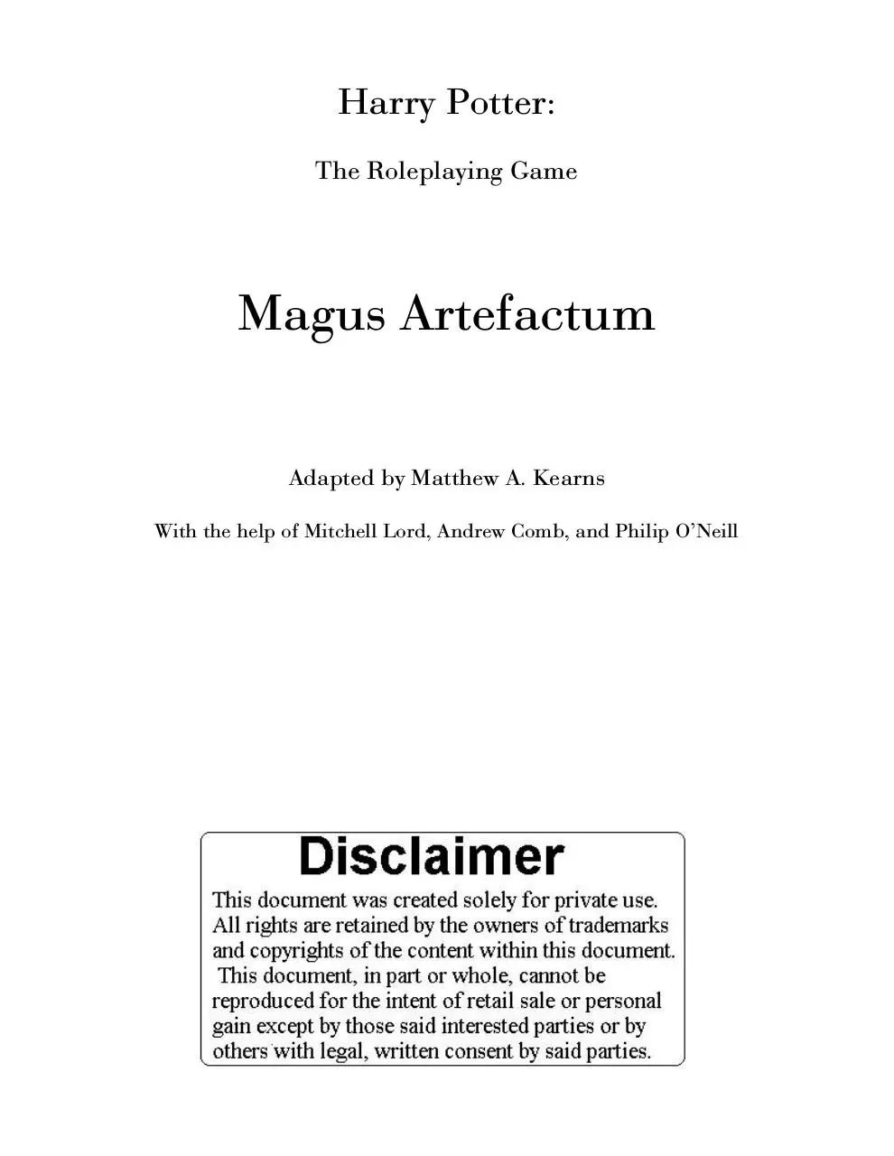 Page 1 of 26, Harry Potter RPG Magus Artefactum