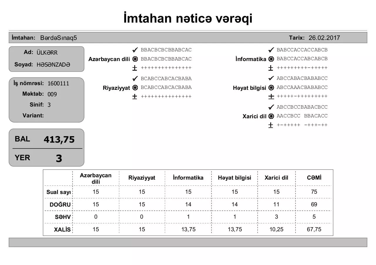 Page 3 of 269, Ä°mtahan nÉ™ticÉ™ vÉ™rÉ™qi (3 cü siniflÉ™r)