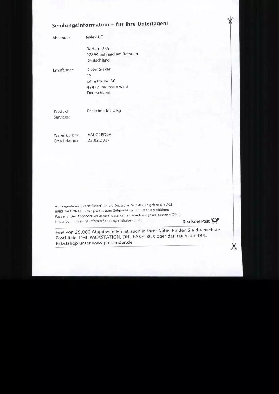 Page 1 of 1, Versand Bestatigung