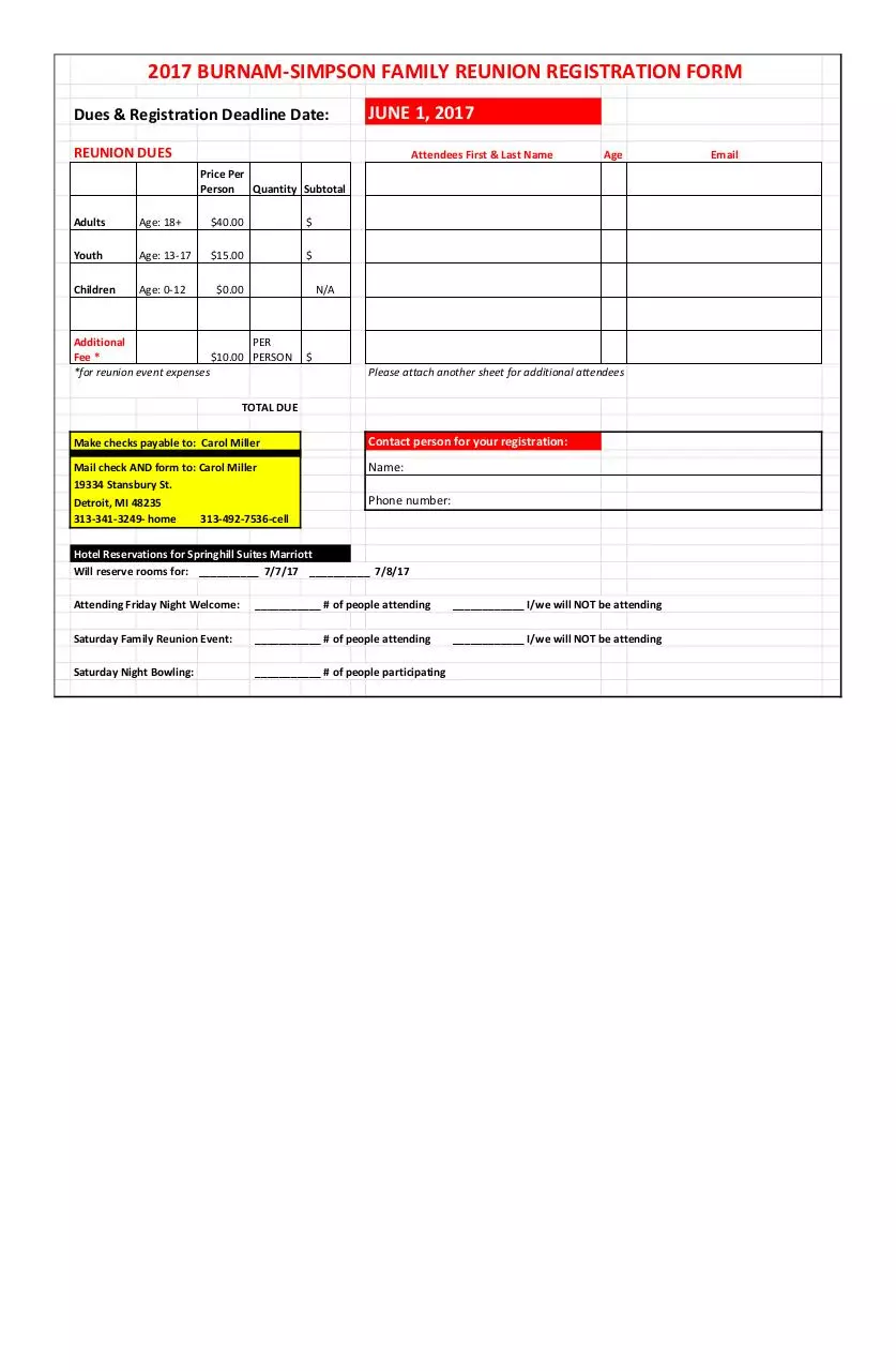 Reunion Roster Form Reunion Information Sheet Family Reunion Registration Form Family