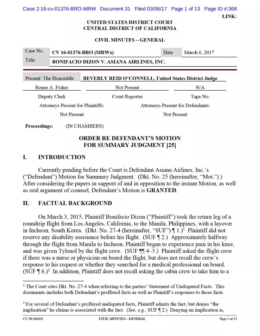 Page 1 of 13, Grant of MSJ in Dizon v. Asiana Airlines, Inc