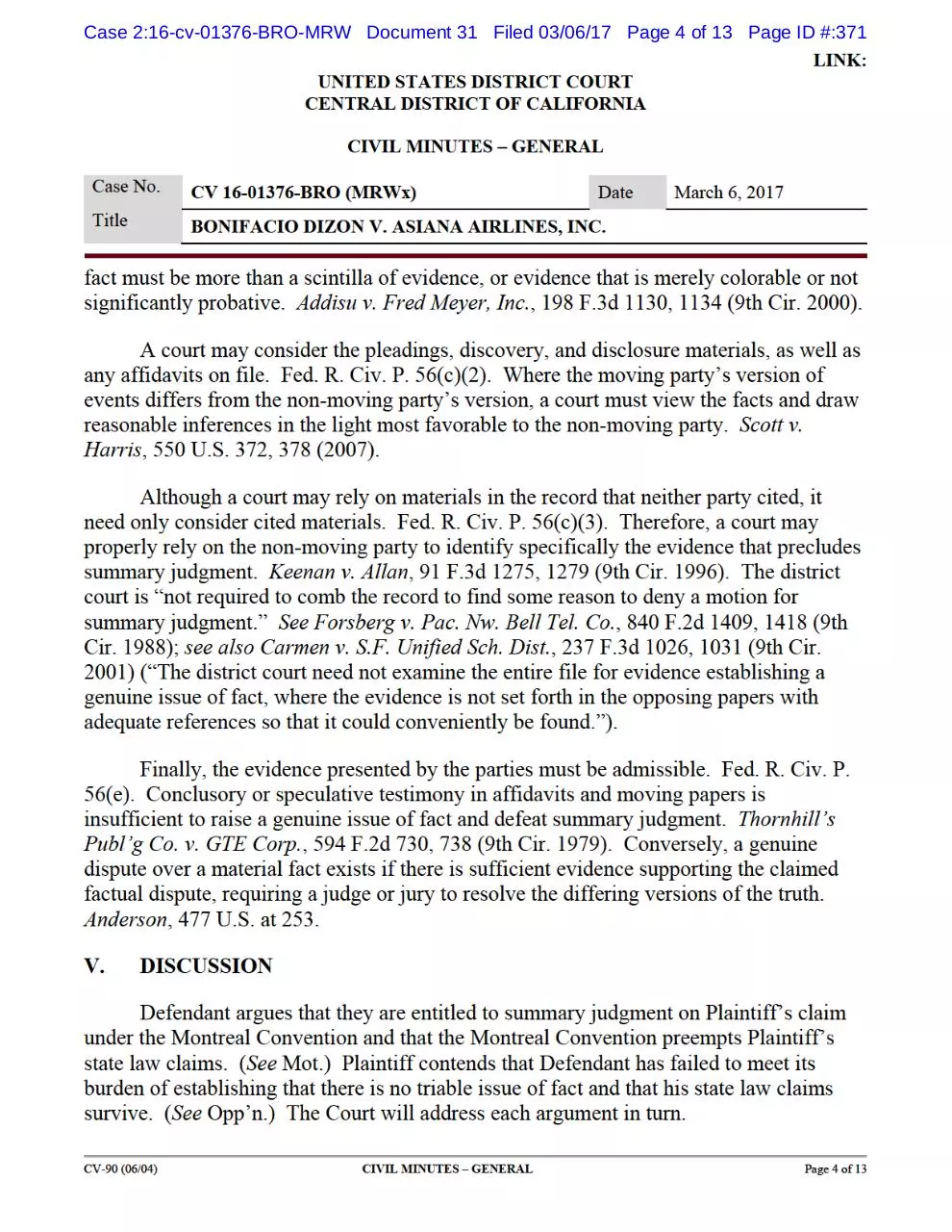 Page 4 of 13, Grant of MSJ in Dizon v. Asiana Airlines, Inc