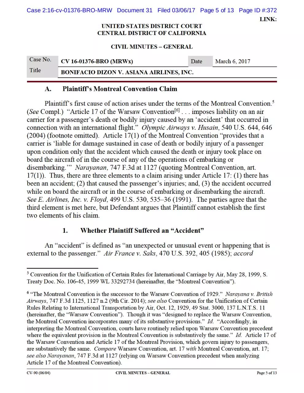 Page 5 of 13, Grant of MSJ in Dizon v. Asiana Airlines, Inc