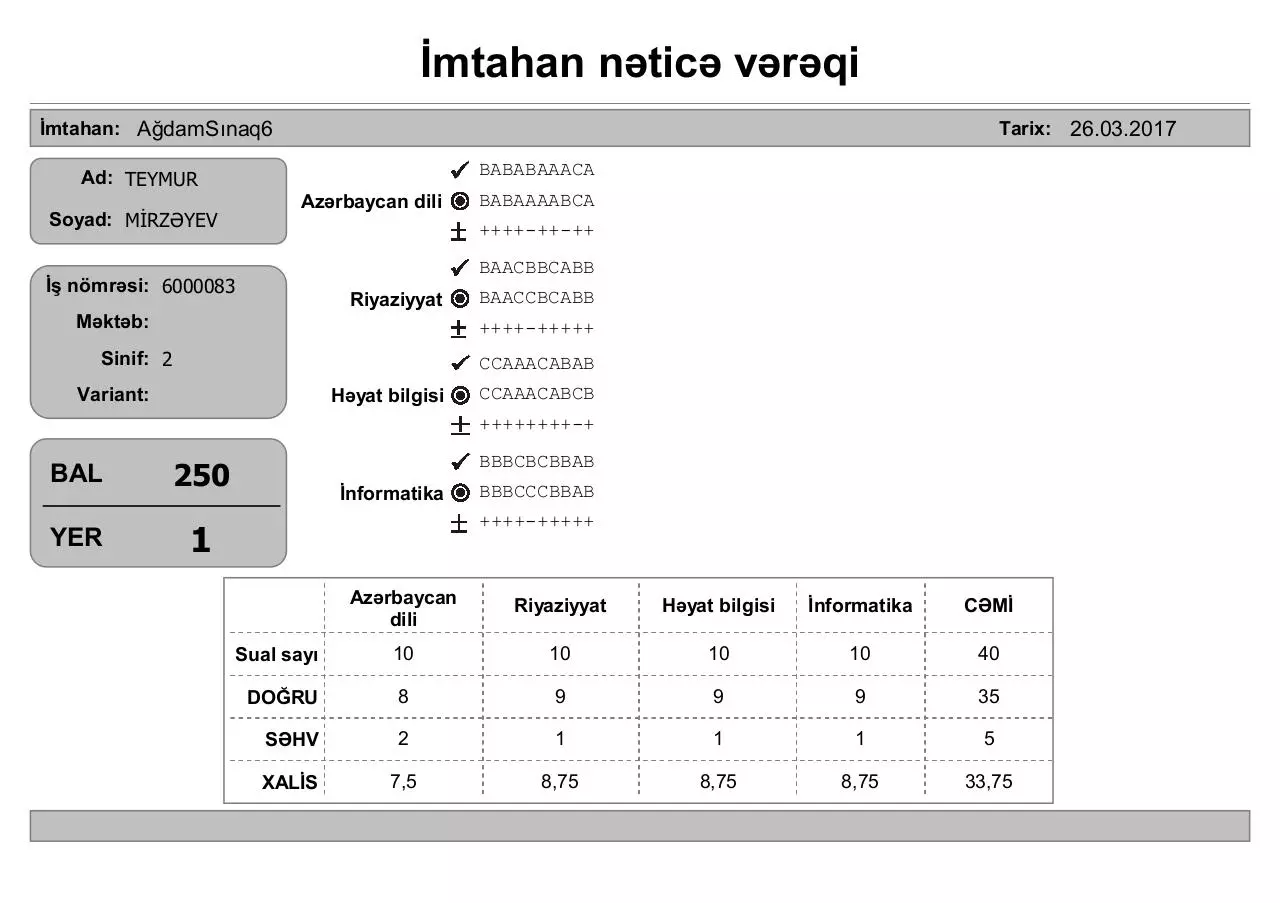 Page 1 of 16, İmtahan nəticə vərəqi (2 ci sinif)