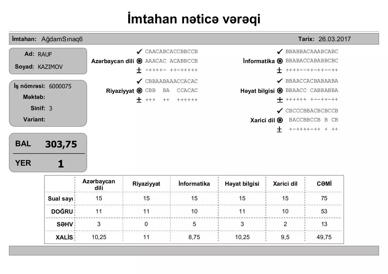 Page 1 of 28, Ä°mtahan nÉ™ticÉ™ vÉ™rÉ™qi (3 cü siniflÉ™r)