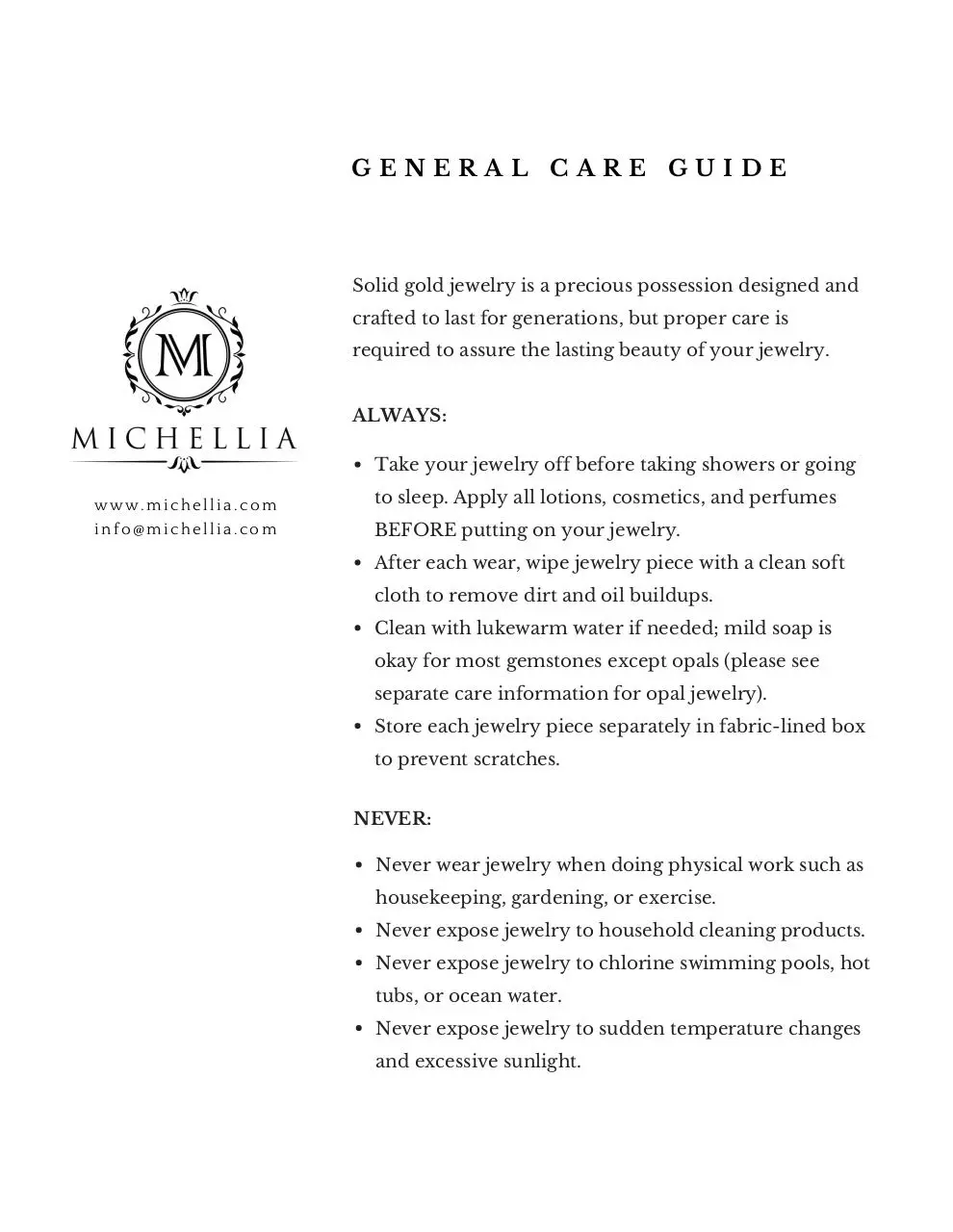 Page 5 of 5, Michellia Customer Care Guide