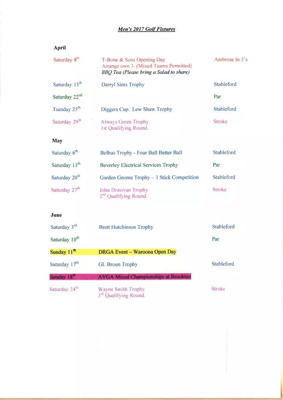 Page 1 of 3, 2017 MENS GOLF FIXTURES