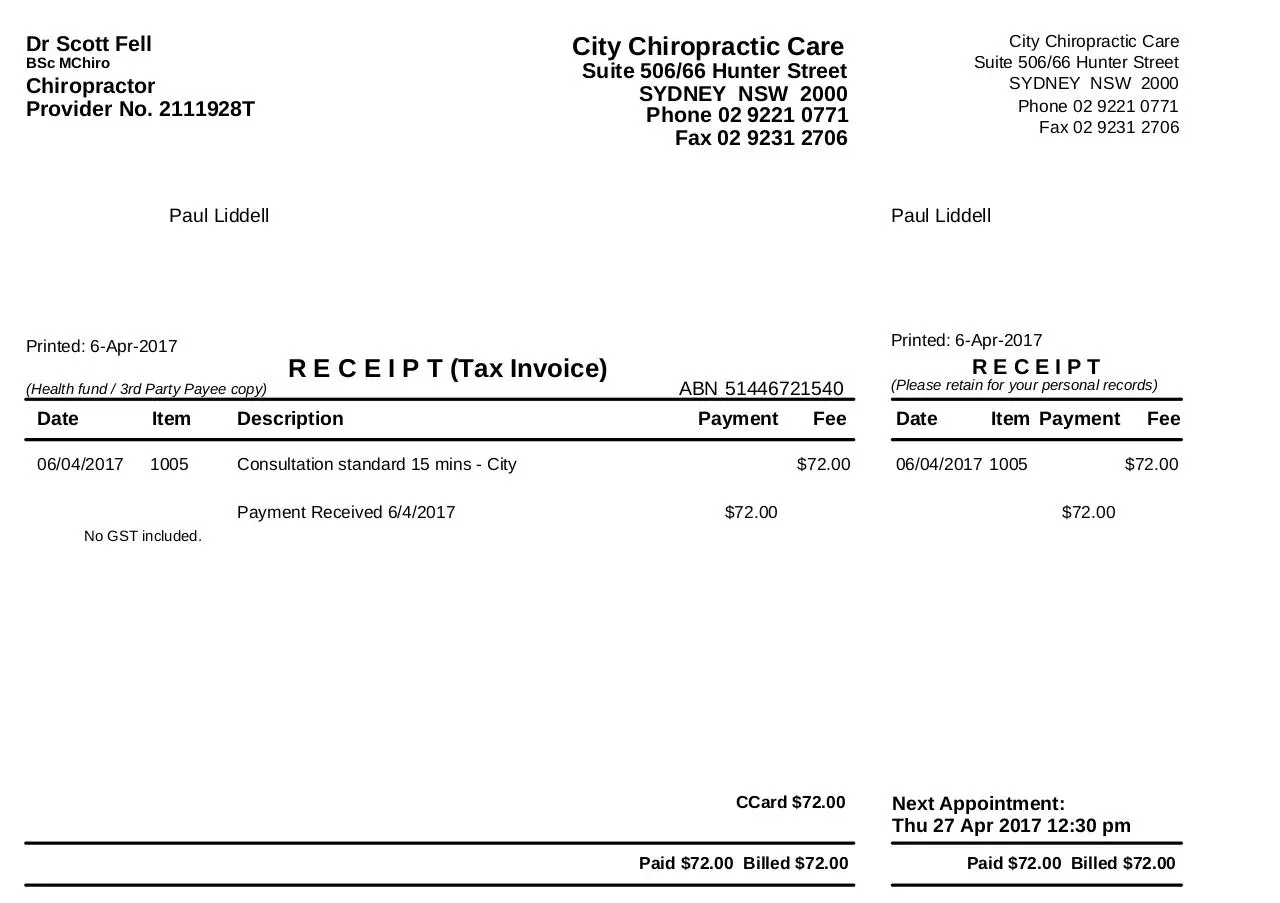 Page 1 of 1, Patient Account Receipt