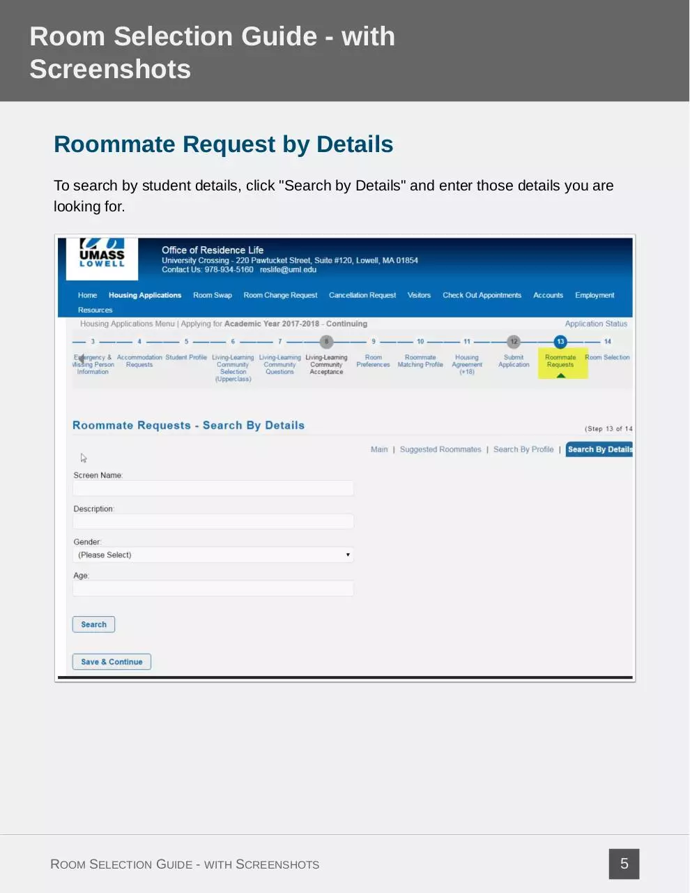 Page 5 of 23, Selecting a Room in Room Selection